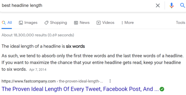 Search result for “best headline length” showing the advice “The ideal length of a headline is six words” from an article called The Proven Ideal Length Of Every Tweet, Facebook Post, And Headline Online.