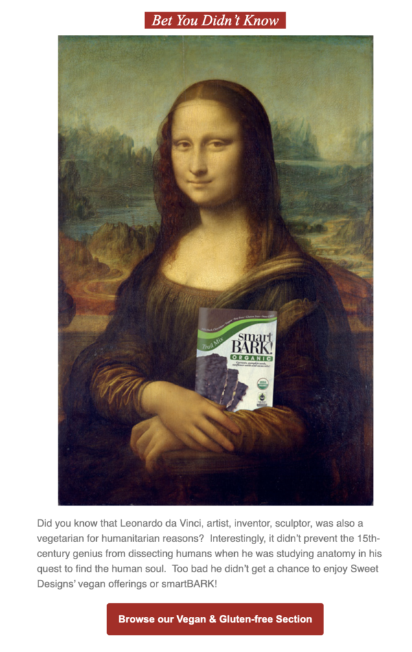 Bet You Didn't Know section of Sweet Designs' Truffles newsletter showing the Mona Lisa holding a package of vegan chocolates.