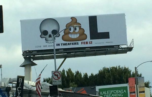 Billboard containing a skull, poop emoji, and letter L.