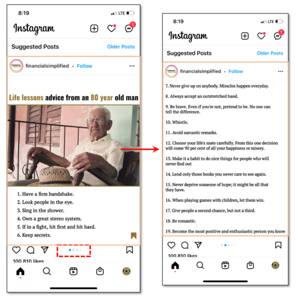 An Instagram post showing and image of an older man sitting down with a lengthier caption.