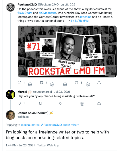 A Twitter inquiry about hiring freelancers
