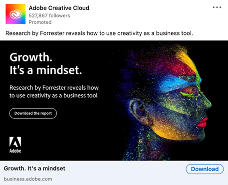 The second ad includes the one-sentence explainer "Research by Forrester reveals how to use creativity as a business tool". Appearing below the headline: “Growth. It’s a mindset.”