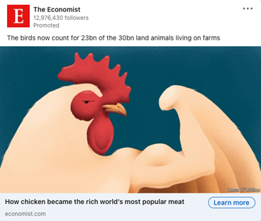 Economist ad showing a colorfully illustrated chicken is flexing their bicep to promote an article about how chicken became the rich world’s most popular meat.