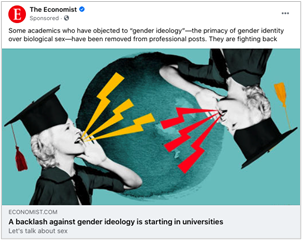 Economist ad showing a globe-type circle with two women in graduation caps who have brightly colored lines to symbolize talking. One of the women is upside down.