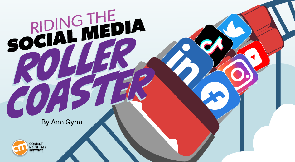 A roller coaster carrying social media icons depicts the wild ride that is social media marketing.