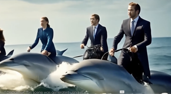 People dressed in suits riding dolphins show how LuminaEdge makes virtual reality better than reality.