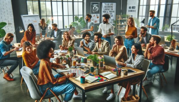 Seventeen people sit and stand in an office-looking room with big windows. Eight of them sit at a big table with two open laptops, marker-filled cups, a tablet, coffee mugs, books, and papers. Most of the others look at the table. Nearby sits a flip chart, a few more desks, and posters on the painted brick walls as sunlight streams through the windows.