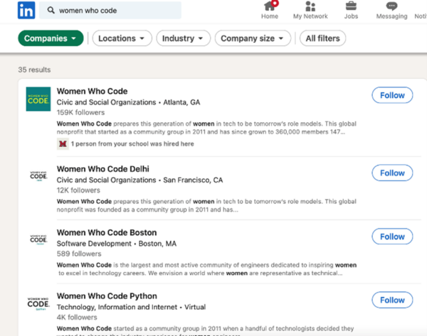 The listings include the company page of Women Who Code and some of its Showcase pages — Women Who Code Delhi, Women Who Code Boston, and Women Who Code Python.