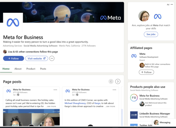 The page resembles a Company Page with a header image, business name (Meta for Business), and description. Visitors can scroll down the page to see posts as well as events published on the page. On the right, LinkedIn mentions and links to the Meta company page. (The Meta company page lists the Meta for Business Showcase page as an affiliated page.)