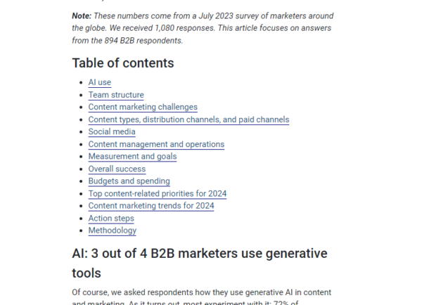 A linked table of contents in CMI’s annual B2B research report, listing 13 topics readers could click and go directly to.
