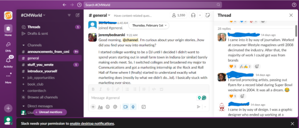A screenshot of the CMI Slack community channel showing a question and replies from community members.