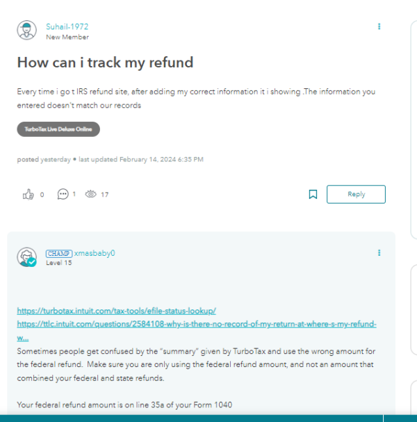 A screenshot of the Intuit community board showing a question from a community member and an answer from a community champion.
