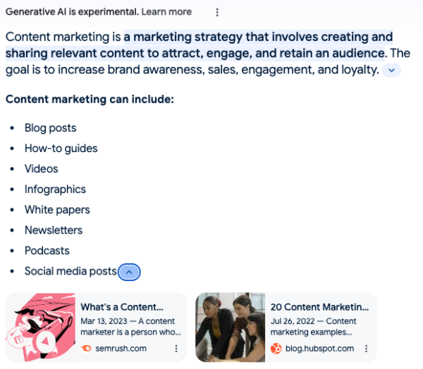 The screenshot shows the SGE response for the “what is content marketing” search.