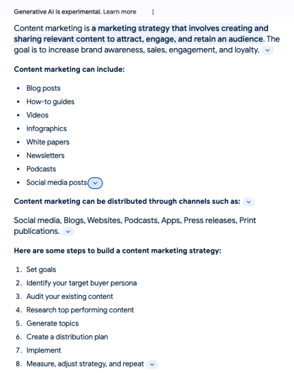 Clicking the show-more button or arrow presents a more detailed response, including lists of content types, distribution channels, and steps for building a content marketing strategy.