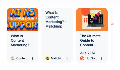What is content marketing search query results from CMI, Mailchimp, and HubSpot.