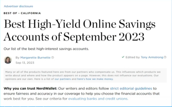 Best High-Yield Online Savings Accounts of September 2023, displays many EEAT signals. It includes a byline with a link to the author’s profile and credentials and the editor’s name with a link to their credentials.