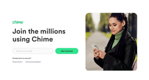 Chime ad that reads “Join the millions using Chime,” above the email entry box.