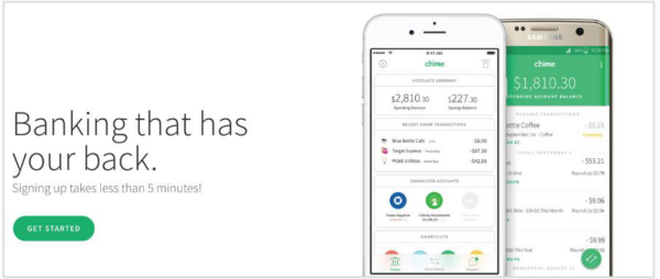 The final version includes a visual of the Chime app on two mobile phones with the headline to the left, “Banking that has your back,” and the subhead, “Signing up takes less than five minutes.”