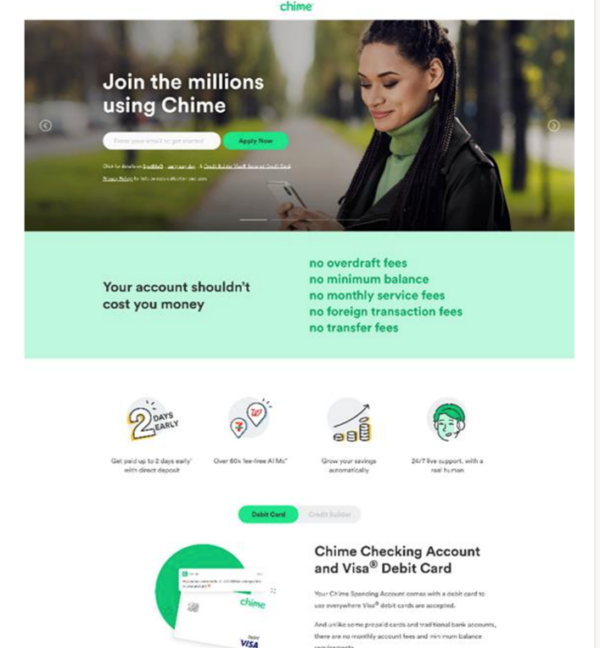 The landing page for the “Join millions using Chime” ad