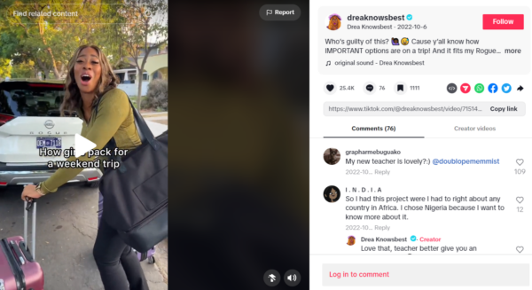Comedy and culture influencer DreaKnowsBest showcased her personality when demonstrating how she packs multiple suitcases for a weekend trip in her white Nissan Rogue.