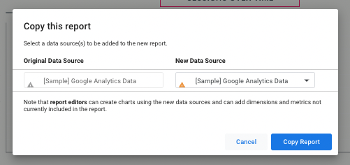 Prompt to replace the sample GA4 data source (original data source) with your analytics (new data source):