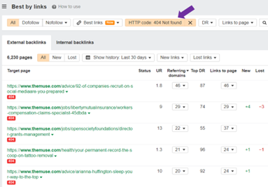 The report lists pages with 404 page-not-found errors for TheMuse.com. It has 6,230 pages with broken external links.