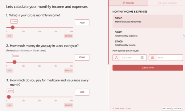 Users answer several questions, including gross monthly income, amount paid in taxes, and cost of medical and insurance payments every month, and the dot moves to the appropriate place in the dollar range. In the column on the right, users can see the money available for total monthly income, expenses, and money available for savings.