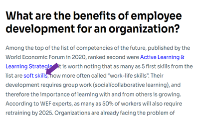 Article from Big Think, which includes the header, “What are the benefits of employee development for an organization?” The article shows the "soft skills" link.