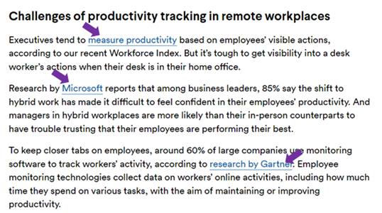 In this screenshot of an article with the header, Challenges of Productivity Tracking in Remote Workplaces, three phrases are hyperlinked — measure productivity, Microsoft, and research by Gartner.