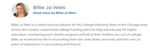 The bio confirms the article is a guest post because it says she is a client services advisor for My College Planning Team, not the publisher (Collegiate Parent)
