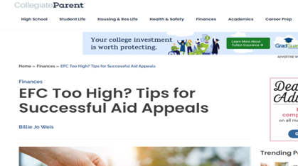The headline reads “EFC Too High? Tips for Successful Aid Appeals” and includes a byline for “Billie Jo Weis.”