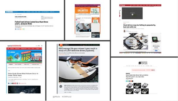 Screenshots of articles in Network World, Ars Technica, and other publications showing an owned media piece (original research into how long hard drives last) successfully used in earned media campaigns.