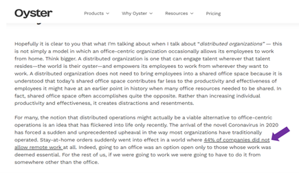 On Oyster, the anchor text reads, “44% of companies did not allow remote work.”
