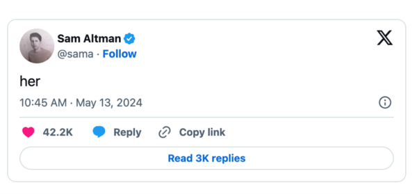 OpenAI CEO Sam Altman published a one-word post on X that said simply, “her.”