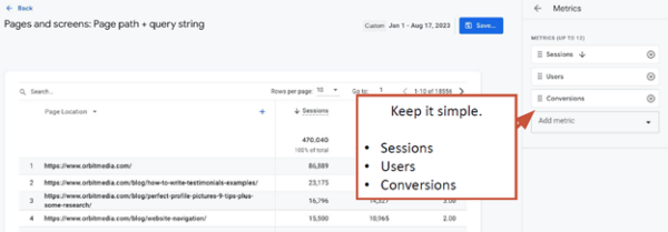 Under the Engagement section, select "Page and screens: Page path + query string" report. To customize it, click on the pencil icon in the upper right and adds these metrics:
Sessions, Users, and Conversions.