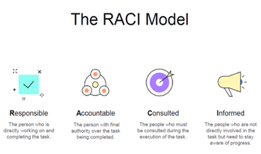 The RACI model encompasses four elements: Responsible, Accountable, Consulted, and Informed.