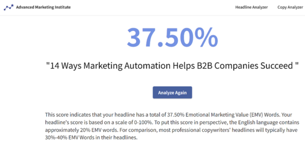 This headline example — 14 Ways Marketing Automation Helps B2B Companies Succeed — earns an emotional marketing value (EMV) of 37.5%.