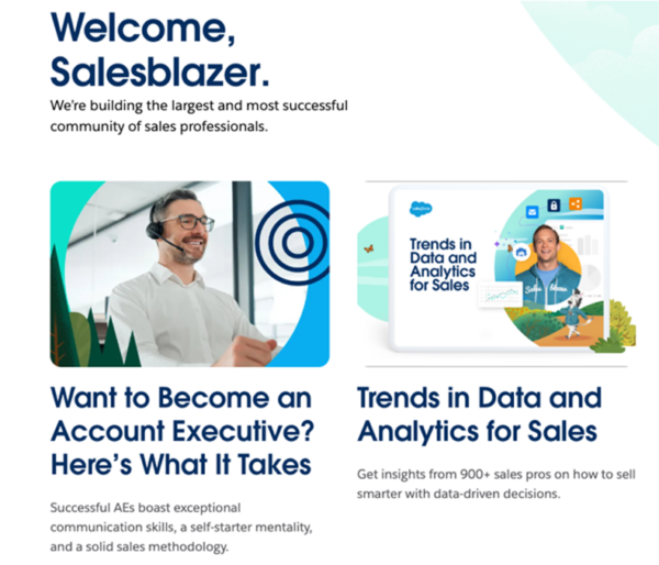 Salesforce microsite snapshot image showing the Salesblazer hub's content, which includes trend-focused articles and expert advice.