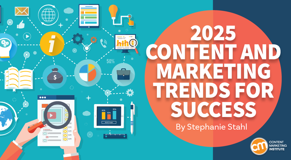 2025 Content Marketing Trends for Success near a set of images that represent the various aspects of marketing content
