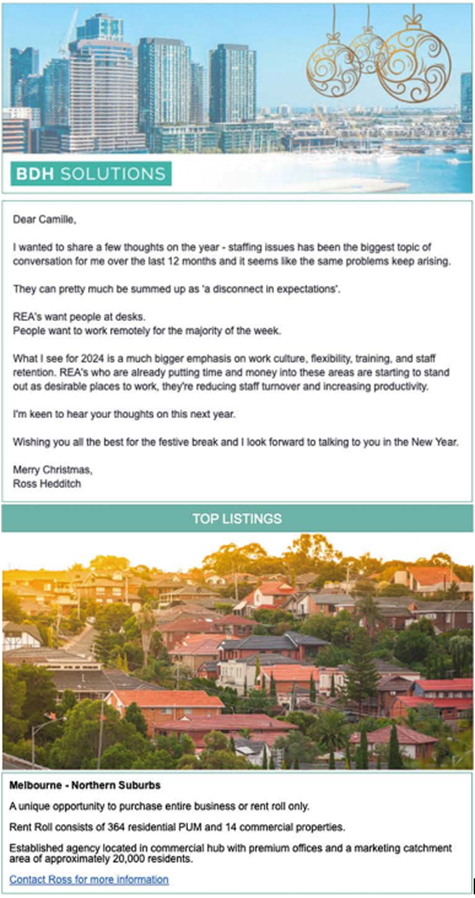 BDH Solutions newsletter shows a waterfront property, two property listings, and a brief summary.
