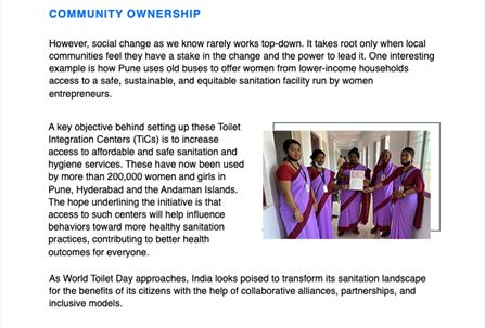 In this example, one section of the story discusses a community ownership initiative aimed at ensuring dignified livelihoods for sanitation workers and benefits for their families in the India city of Pune.