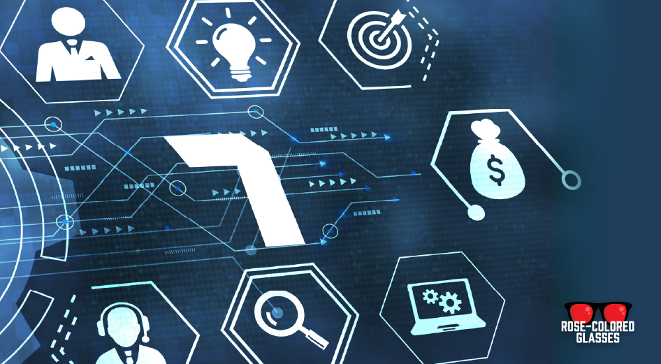 The number 7 against a dark blue background and surrounded by familiar web icons to represent seven laws for content marketing success.