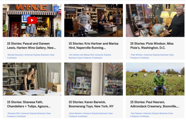 Screen captures for six videos, part of the 15 Stories Series, show business people, their business name, and location.