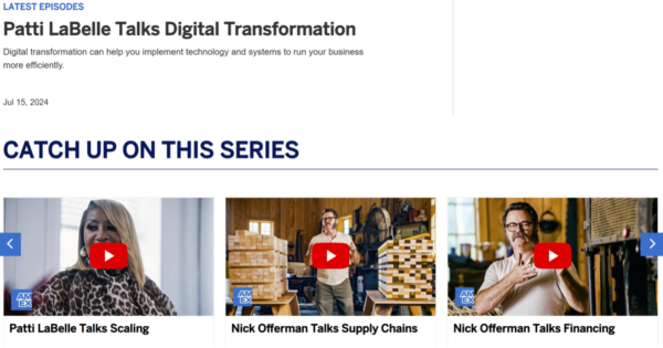 A screen shot showing video captures of celebrities Patti LaBelle and Nick Offerman running their small businesses.