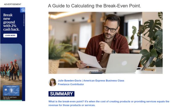 A man sits in front of his laptop reading something under the article headline, A Guide to Calculating the Break-Even Point.