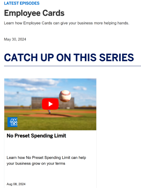 A screen shot of the section of the American Express Business Class website where employee cards are discussed. A video is presented titled, No Preset Spending Limit.