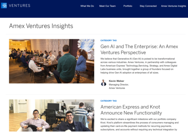 The Insights page of the American Express Ventures division shows images for two stories: in the first, two people are speaking to a group of seated people and in the second, two people are seated on a coach and a third is working on a laptop.