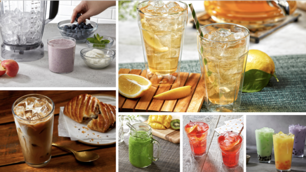 A collage of visuals showing drink ingredients and the ice, made by Manitowoc ice machines, that makes them delicious.