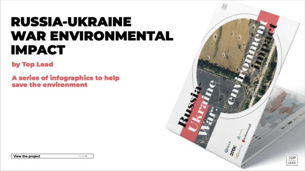 The cover of the book, Russia-Ukraine War Environmental Impact, A Series of Infographics To Help Save the Environment, shows satellite images of Ukraine.