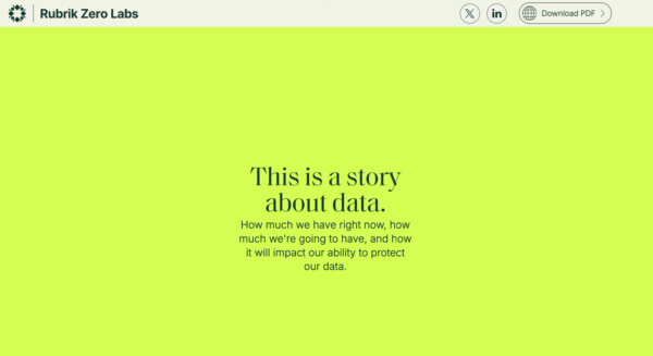 A simple paragraph of text against a neon yellow-green background on the Rubrik Labs homepage. 
